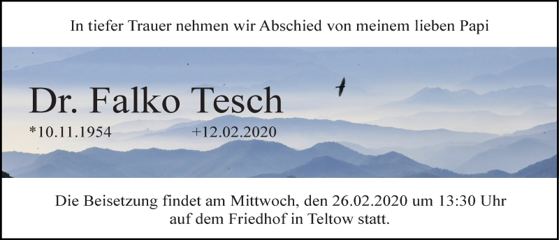  Traueranzeige für Falko Tesch vom 22.02.2020 aus Märkischen Allgemeine Zeitung