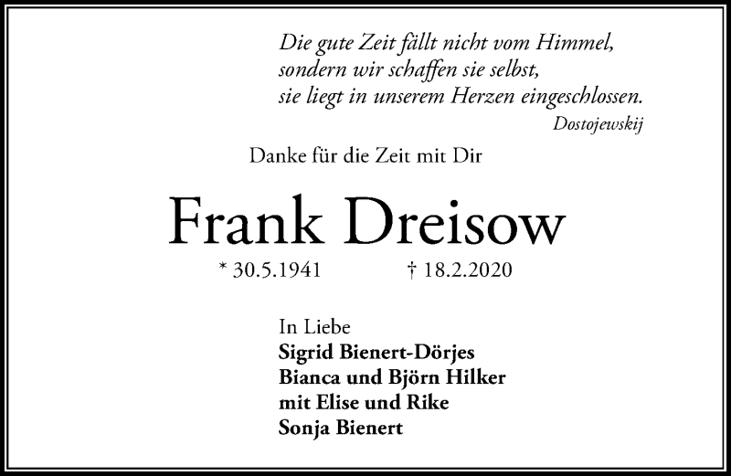  Traueranzeige für Frank Dreisow vom 22.02.2020 aus Hannoversche Allgemeine Zeitung/Neue Presse