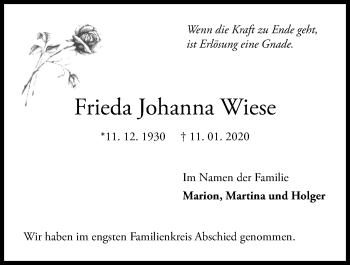 Traueranzeige von Frieda Johanna Wiese von Kieler Nachrichten