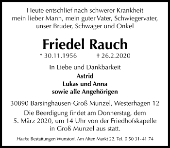 Traueranzeige von Friedel Rauch von Hannoversche Allgemeine Zeitung/Neue Presse