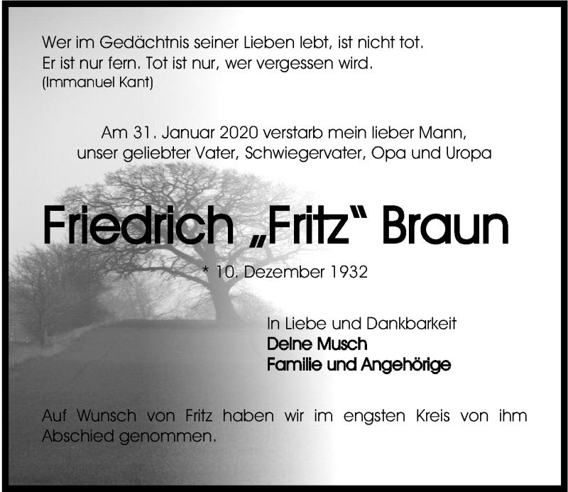  Traueranzeige für Friedrich Braun vom 08.02.2020 aus Kieler Nachrichten