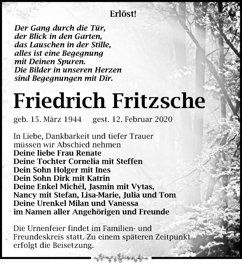  Traueranzeige für Friedrich Fritzsche vom 15.02.2020 aus Leipziger Volkszeitung