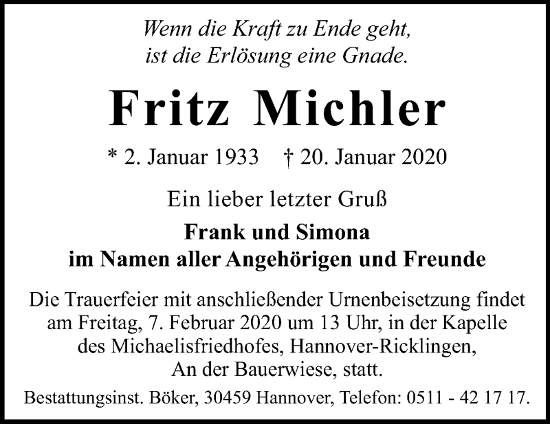  Traueranzeige für Fritz Michler vom 01.02.2020 aus Hannoversche Allgemeine Zeitung/Neue Presse