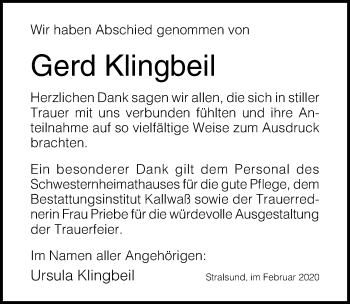 Traueranzeige von Gerd Klingbeil von Ostsee-Zeitung GmbH