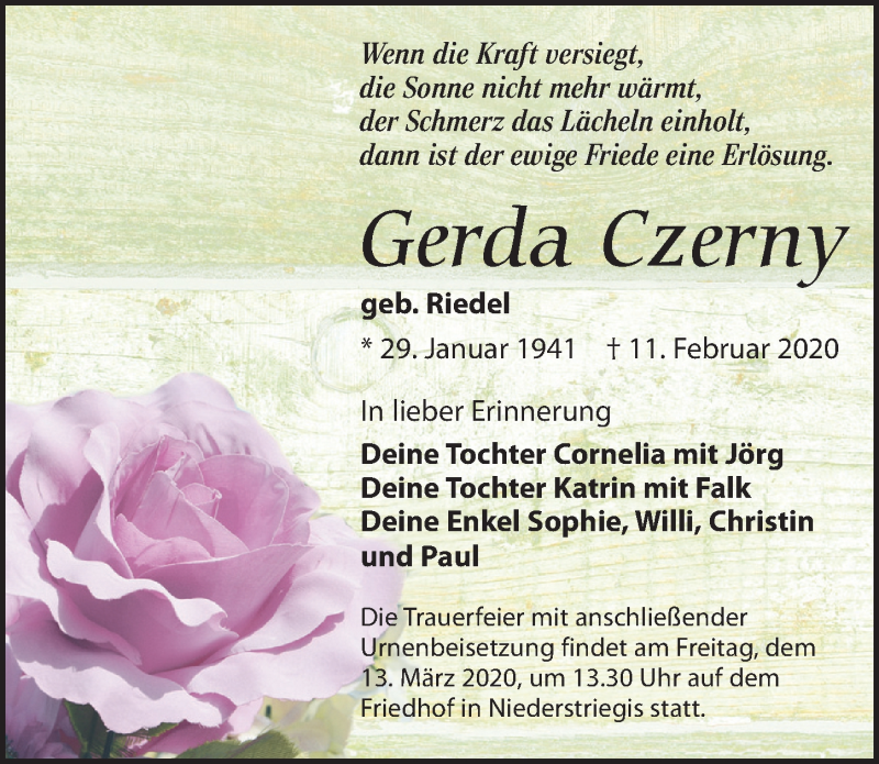  Traueranzeige für Gerda Czerny vom 22.02.2020 aus Leipziger Volkszeitung
