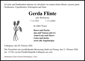 Traueranzeige von Gerda Flinte von Göttinger Tageblatt