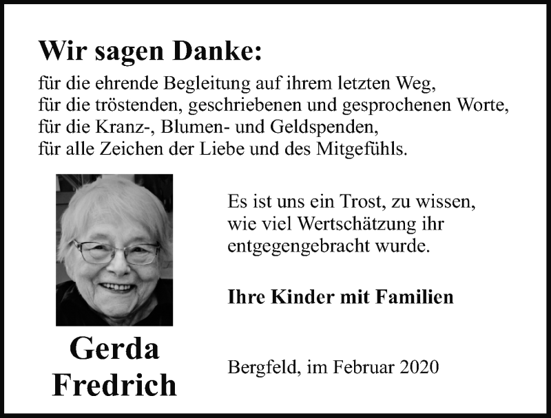  Traueranzeige für Gerda Fredrich vom 29.02.2020 aus Aller Zeitung