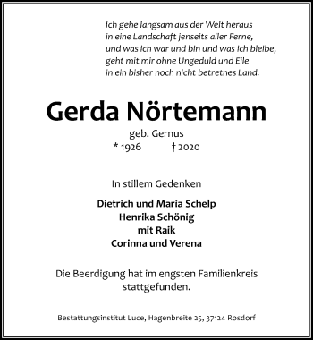 Traueranzeige von Gerda Nörtemann von Göttinger Tageblatt