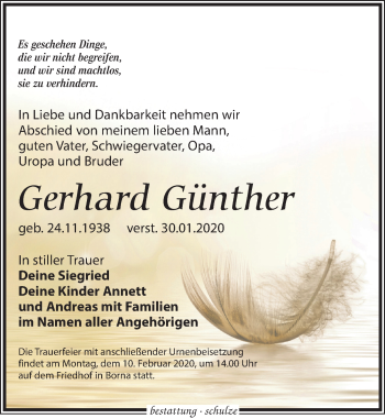 Traueranzeige von Gerhard Günther von Leipziger Volkszeitung