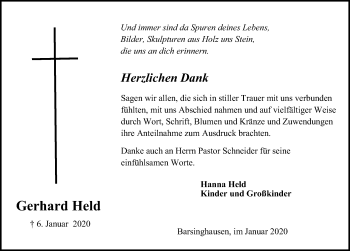 Traueranzeige von Gerhard Held von Hannoversche Allgemeine Zeitung/Neue Presse