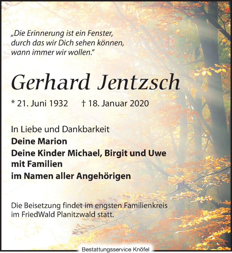  Traueranzeige für Gerhard Jentzsch vom 01.02.2020 aus Leipziger Volkszeitung