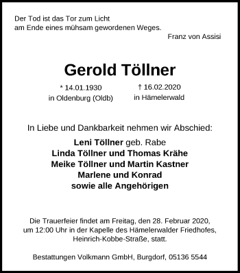Traueranzeige von Gerold Töllner von Hannoversche Allgemeine Zeitung/Neue Presse
