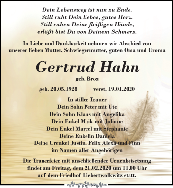 Traueranzeige von Gertrud Hahn von Leipziger Volkszeitung