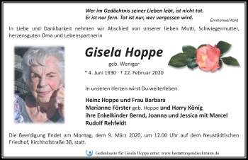 Traueranzeige von Gisela Hoppe von Märkischen Allgemeine Zeitung