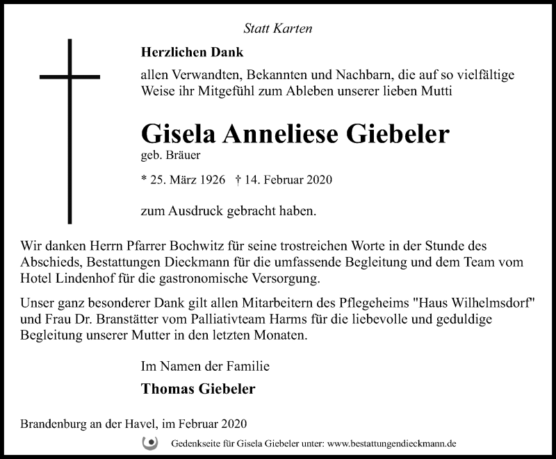  Traueranzeige für Gisela Anneliese Giebeler vom 29.02.2020 aus Märkischen Allgemeine Zeitung
