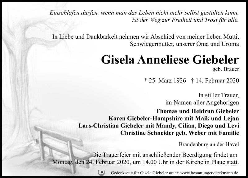  Traueranzeige für Gisela Anneliese Giebeler vom 21.02.2020 aus Märkischen Allgemeine Zeitung