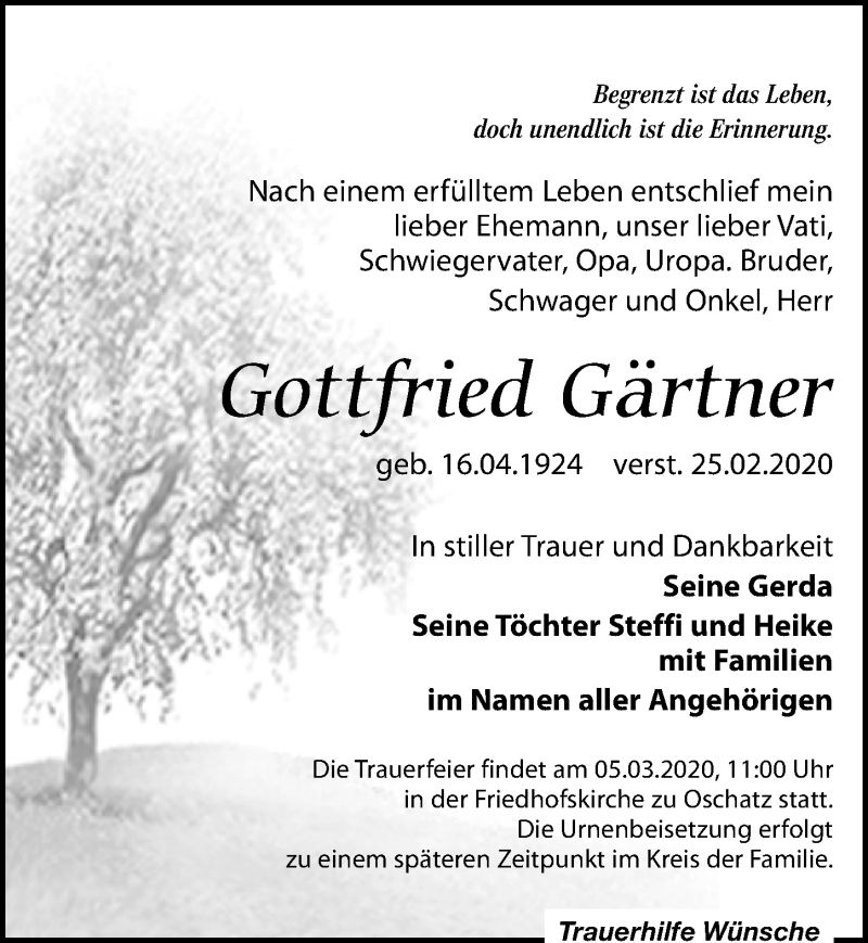  Traueranzeige für Gottfried Gärtner vom 29.02.2020 aus Leipziger Volkszeitung