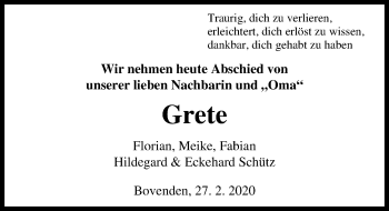 Traueranzeige von Grete  von Göttinger Tageblatt