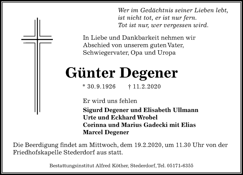  Traueranzeige für Günter Degener vom 15.02.2020 aus Peiner Allgemeine Zeitung