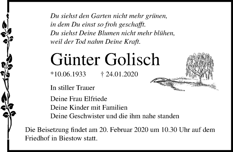  Traueranzeige für Günter Golisch vom 15.02.2020 aus Ostsee-Zeitung GmbH