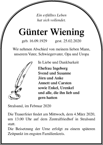 Traueranzeige von Günter Wiening von Ostsee-Zeitung GmbH