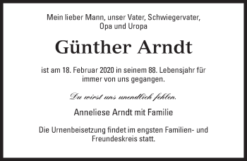 Traueranzeige von Günther Arndt von Märkischen Allgemeine Zeitung