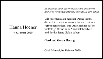 Traueranzeige von Hanna Hoener von Hannoversche Allgemeine Zeitung/Neue Presse