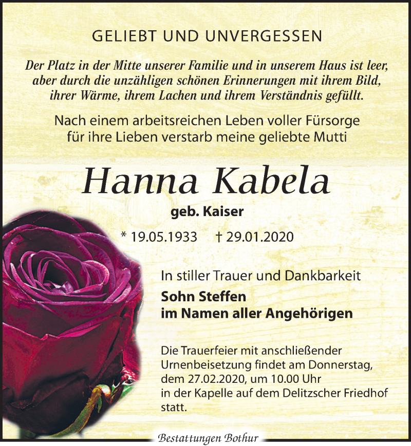 Traueranzeige für Hanna Kabela vom 15.02.2020 aus Leipziger Volkszeitung