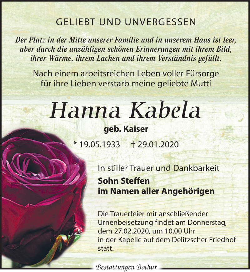  Traueranzeige für Hanna Kabela vom 12.02.2020 aus Leipziger Volkszeitung