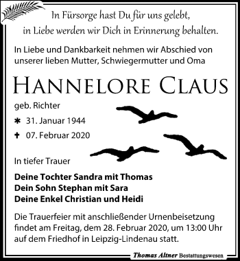 Traueranzeige von Hannelore Claus von Leipziger Volkszeitung