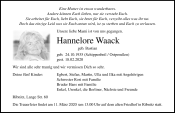 Traueranzeige von Hannelore Waack von Ostsee-Zeitung GmbH