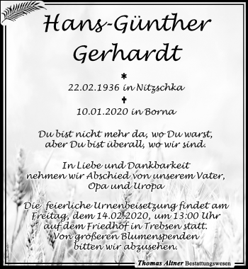 Traueranzeige von Hans-Günther Gerhardt von Leipziger Volkszeitung