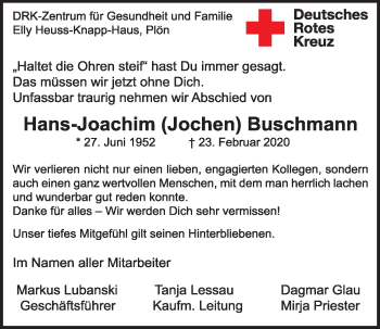 Traueranzeige von Hans-Joachim  Buschmann von Kieler Nachrichten