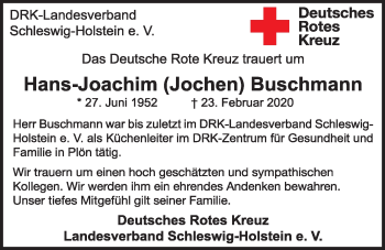 Traueranzeige von Hans-Joachim  Buschmann von Kieler Nachrichten