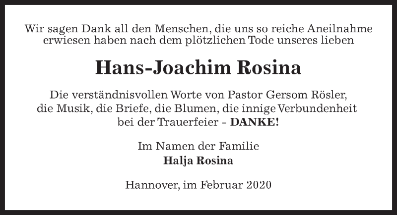  Traueranzeige für Hans-Joachim Rosina vom 08.02.2020 aus Hannoversche Allgemeine Zeitung/Neue Presse