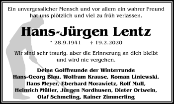 Traueranzeige von Hans-Jürgen Lentz von Hannoversche Allgemeine Zeitung/Neue Presse
