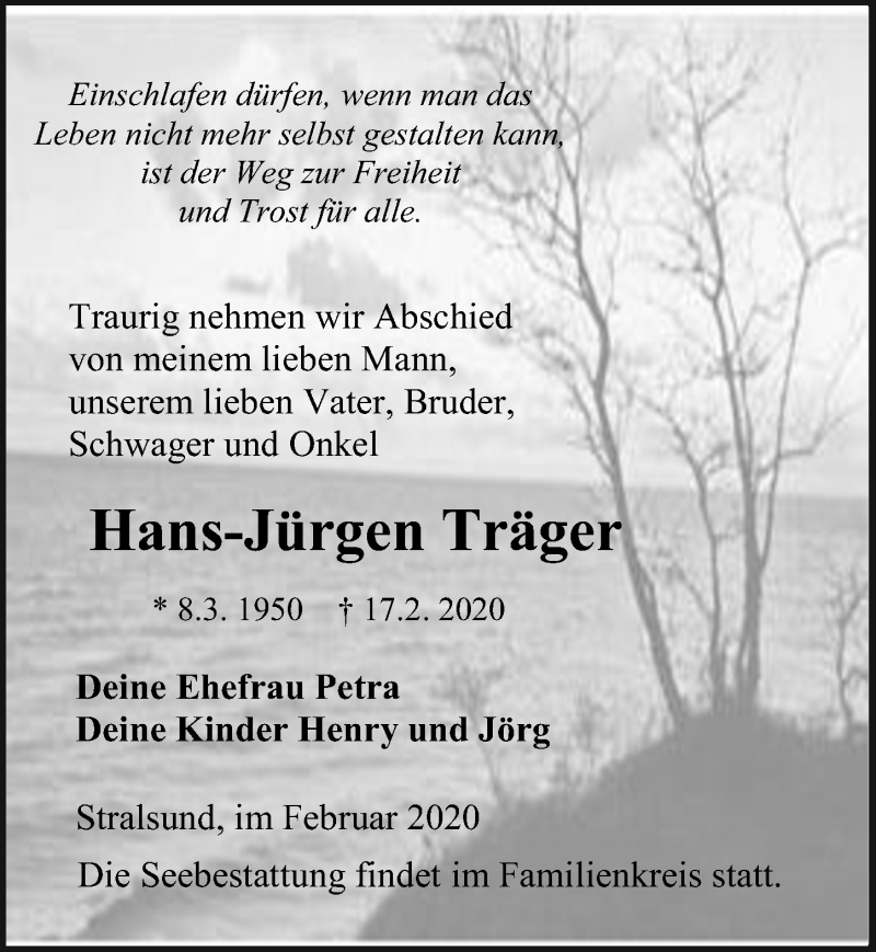  Traueranzeige für Hans-Jürgen Träger vom 22.02.2020 aus Ostsee-Zeitung GmbH