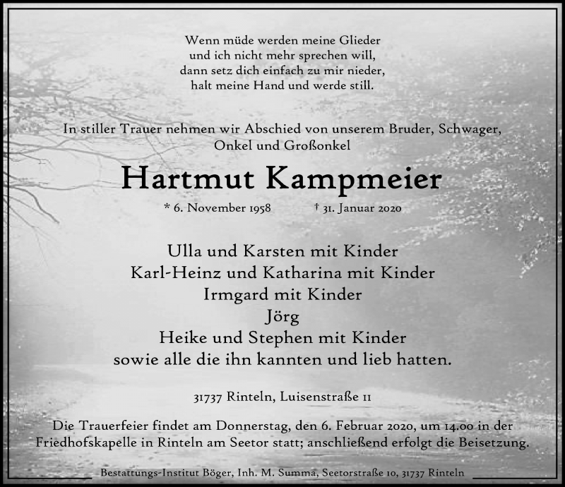  Traueranzeige für Hartmut Kampmeier vom 04.02.2020 aus Schaumburger Nachrichten