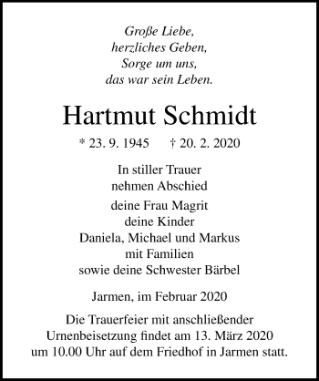 Traueranzeige von Hartmut Schmidt von Ostsee-Zeitung GmbH