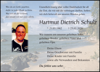 Traueranzeige von Hartmut Dietrich Schulz von Ostsee-Zeitung GmbH