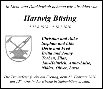 Traueranzeige von Hartwig Büsing von Lübecker Nachrichten