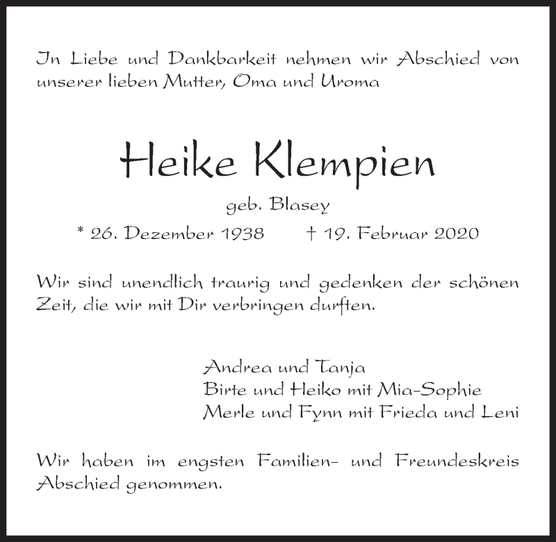  Traueranzeige für Heike Klempien vom 29.02.2020 aus Kieler Nachrichten