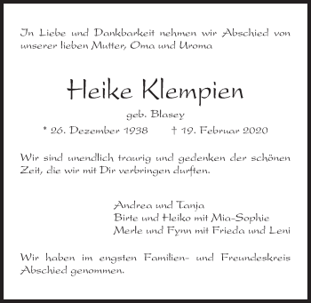 Traueranzeige von Heike Klempien von Kieler Nachrichten