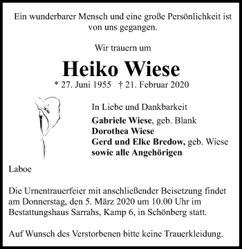 Traueranzeige von Heiko Wiese von Kieler Nachrichten