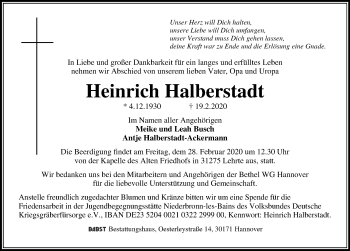 Traueranzeige von Heinrich Halberstadt von Hannoversche Allgemeine Zeitung/Neue Presse