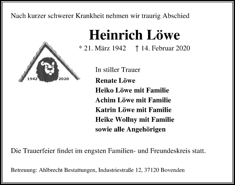  Traueranzeige für Heinrich Löwe vom 22.02.2020 aus Göttinger Tageblatt
