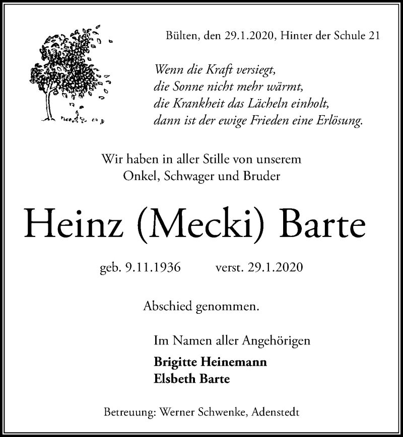  Traueranzeige für Heinz Barte vom 01.02.2020 aus Peiner Allgemeine Zeitung