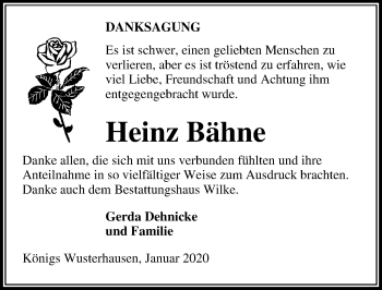 Traueranzeige von Heinz Bähne von Märkischen Allgemeine Zeitung
