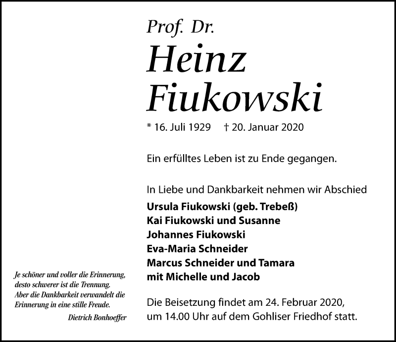  Traueranzeige für Heinz Fiukowski vom 01.02.2020 aus Leipziger Volkszeitung