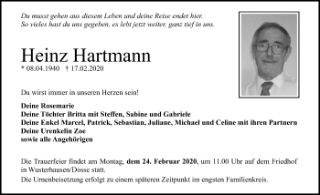 Traueranzeige von Heinz Hartmann